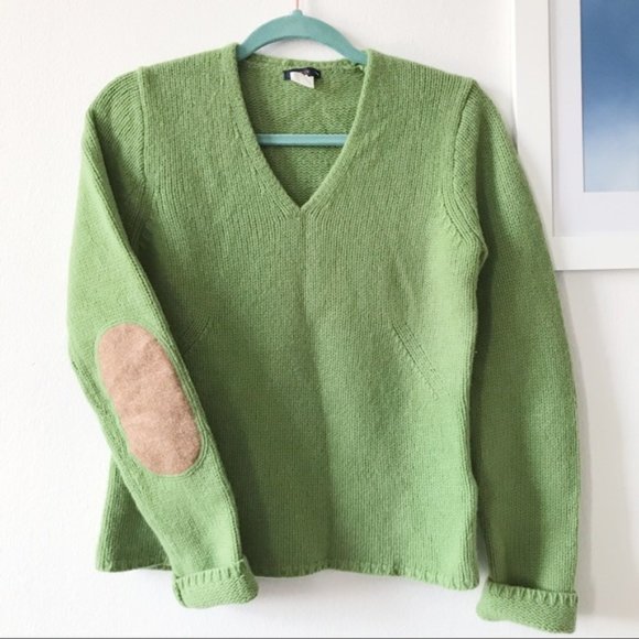 J. Crew Green V-Neck Sweater with Brown Elbow Patches - Picture 2 of 6